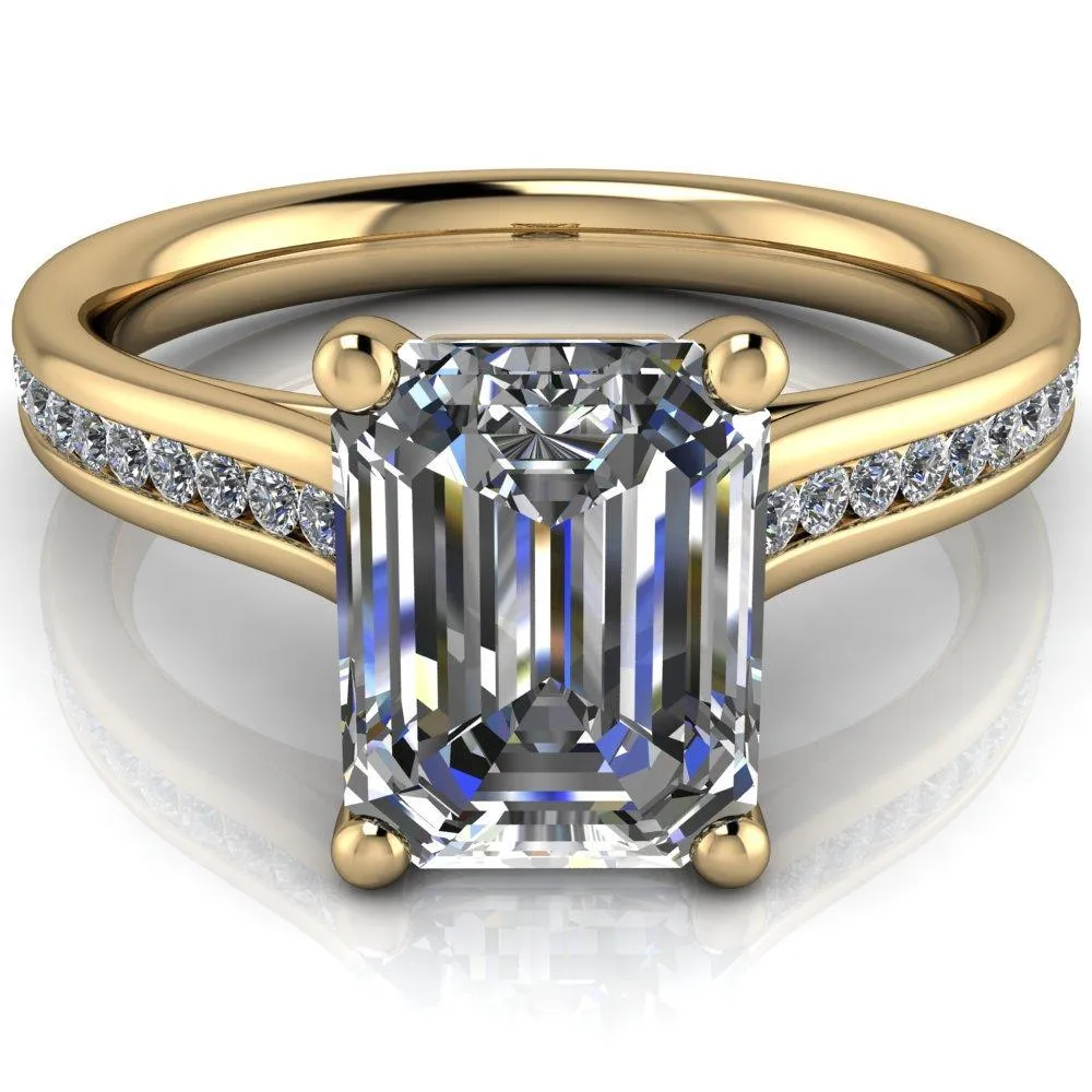 Brigitte Emerald Center Stone Diamond Channel 4 Prong Cathedral Ring