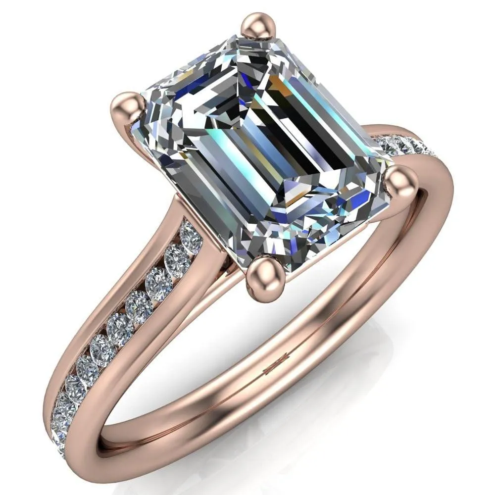 Brigitte Emerald Center Stone Diamond Channel 4 Prong Cathedral Ring