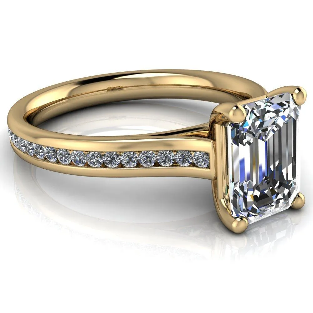Brigitte Emerald Center Stone Diamond Channel 4 Prong Cathedral Ring