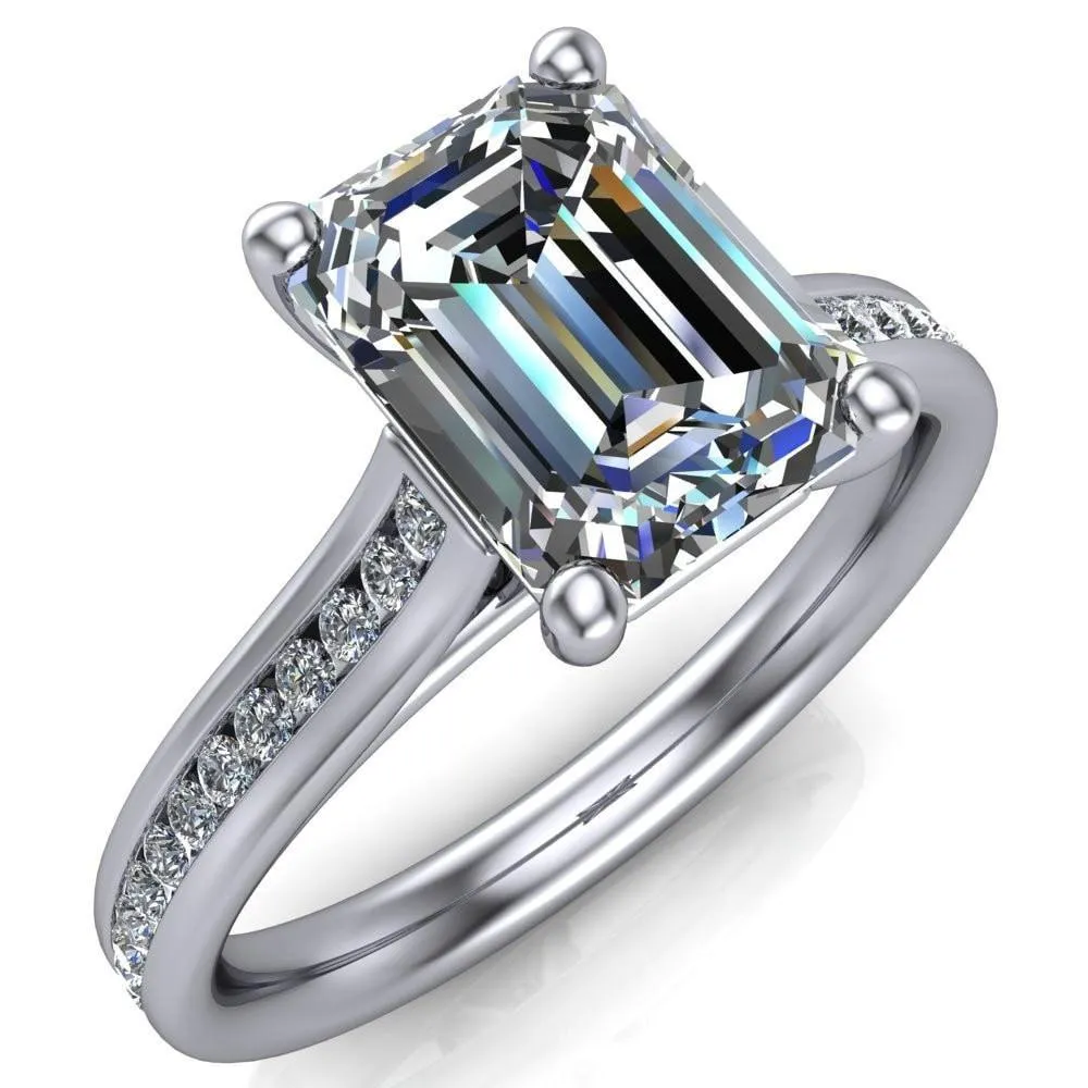 Brigitte Emerald Center Stone Diamond Channel 4 Prong Cathedral Ring