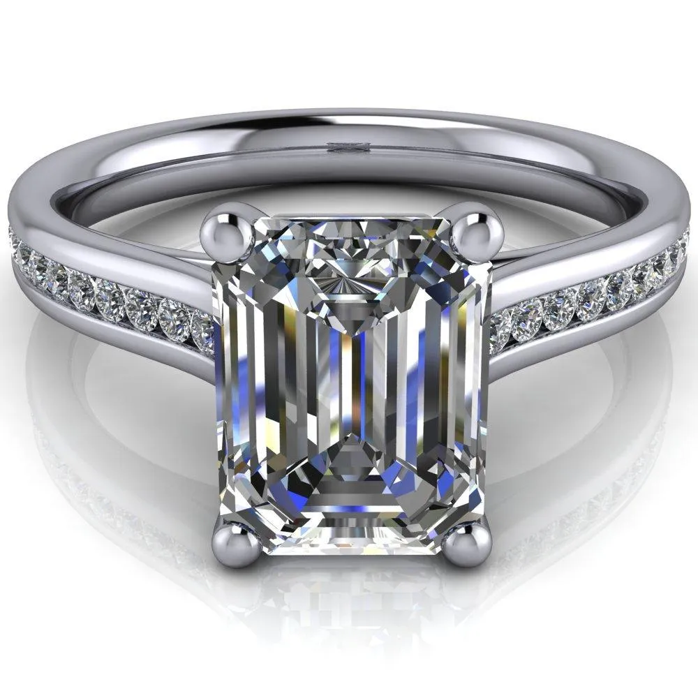 Brigitte Emerald Center Stone Diamond Channel 4 Prong Cathedral Ring