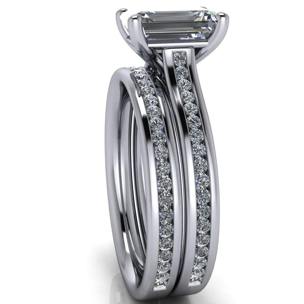 Brigitte Emerald Center Stone Diamond Channel 4 Prong Cathedral Ring