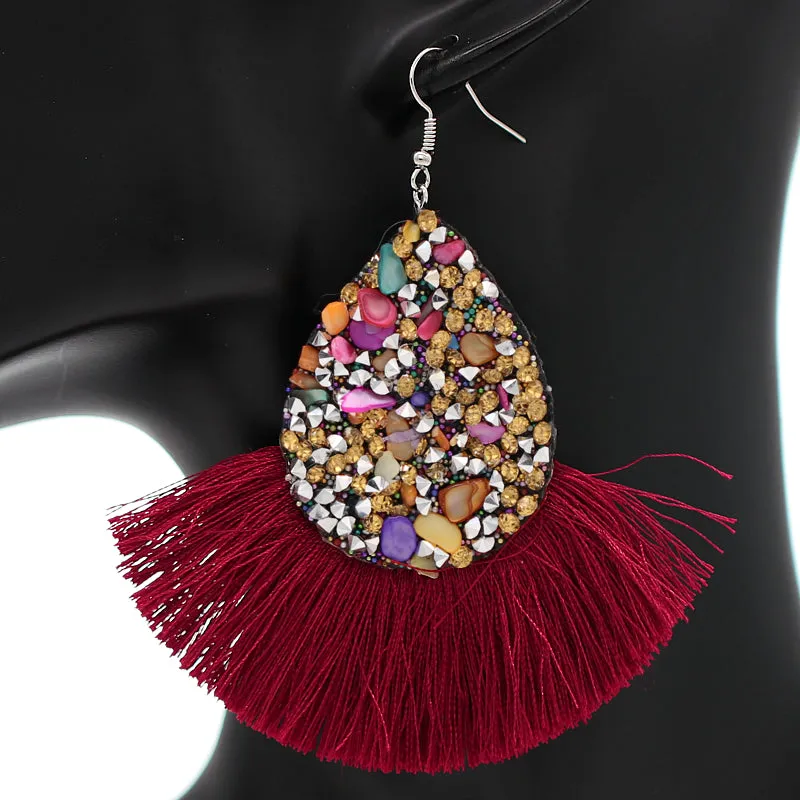 Burgundy Faux Gemstone Teardrop Tassel Fan Earrings
