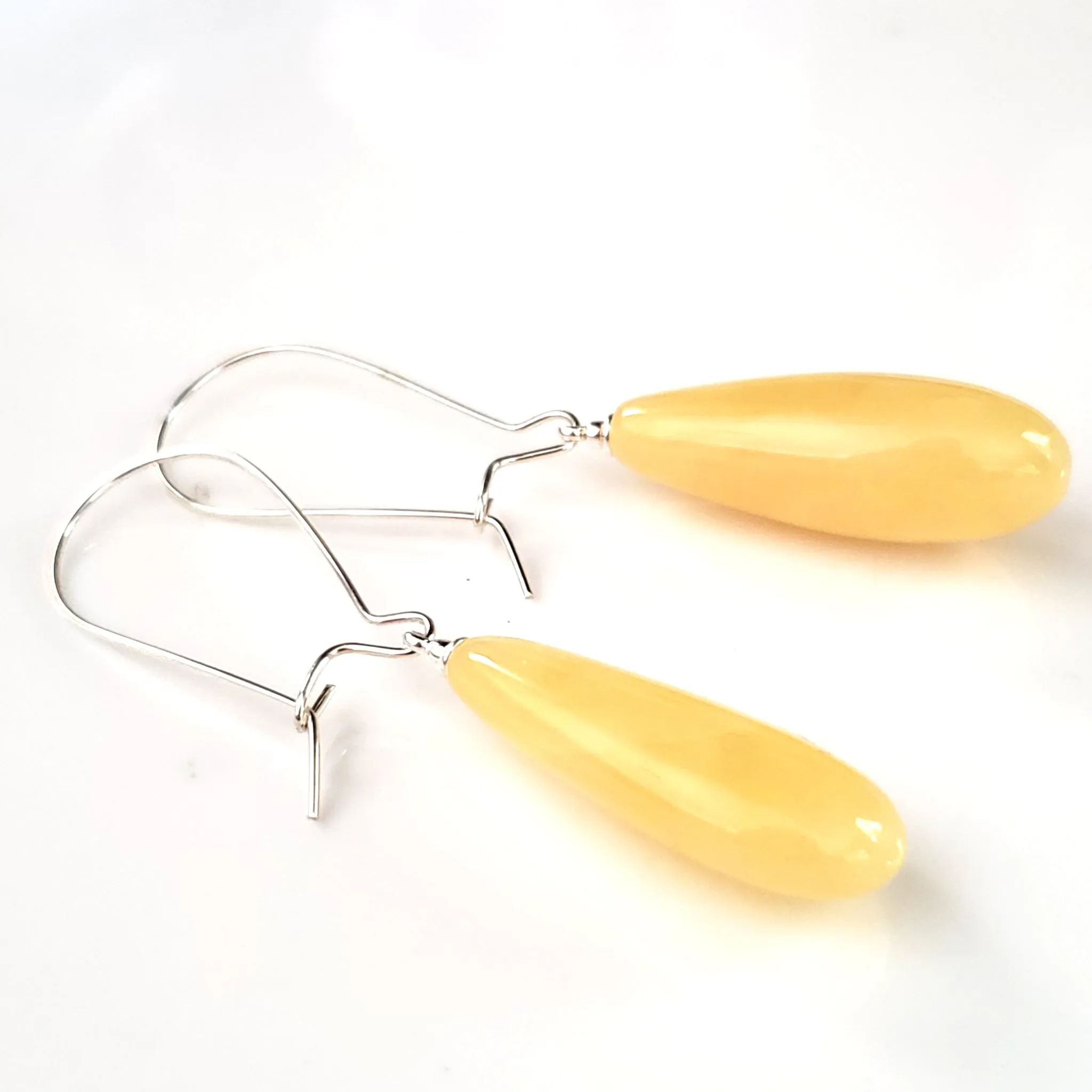 Butterscotch Amber TearDrop Long Silver Hoop Earrings
