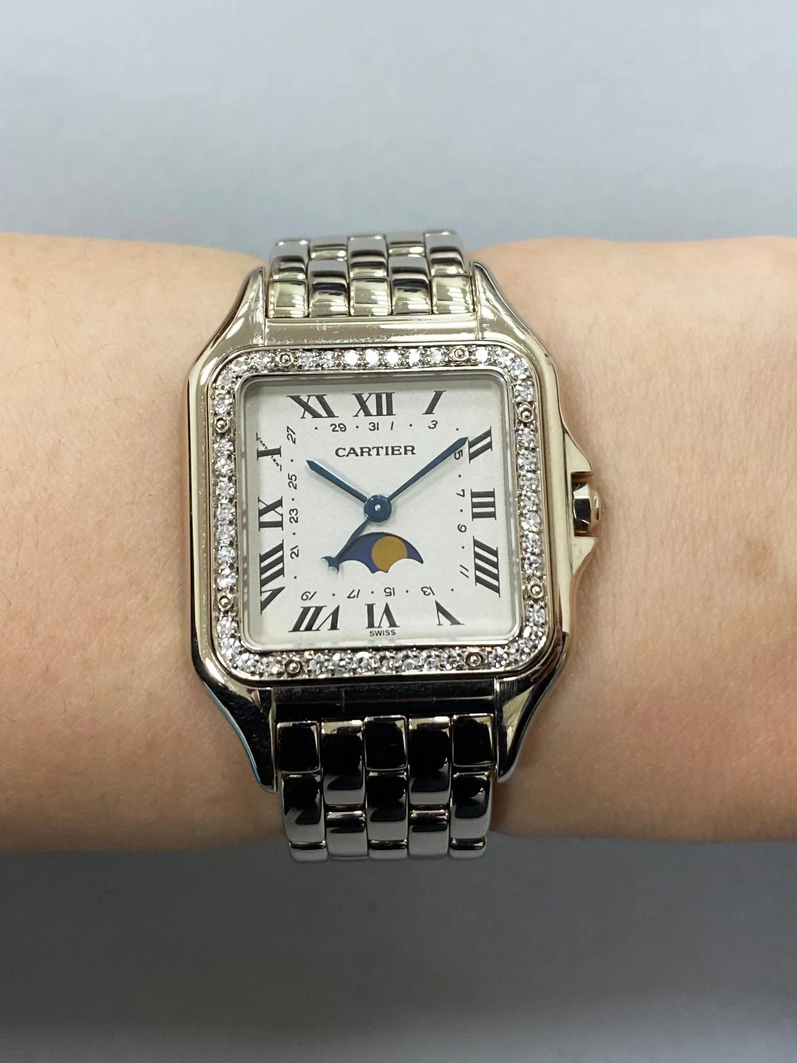 Cartier Panthere 18K White Gold Moon Phase Diamond Ladies Watch Box Papers