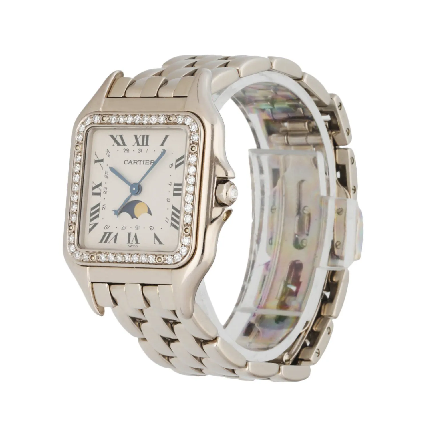Cartier Panthere 18K White Gold Moon Phase Diamond Ladies Watch Box Papers