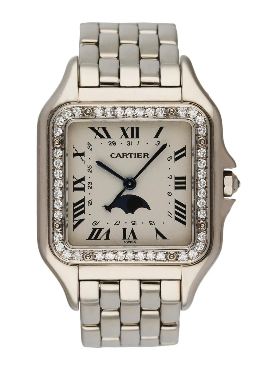 Cartier Panthere 18K White Gold Moon Phase Diamond Ladies Watch Box Papers