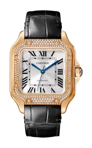 Cartier Santos De Cartier 18kt Rose Gold Automatic Diamond Silver Dial Men's Watch WJSA0007