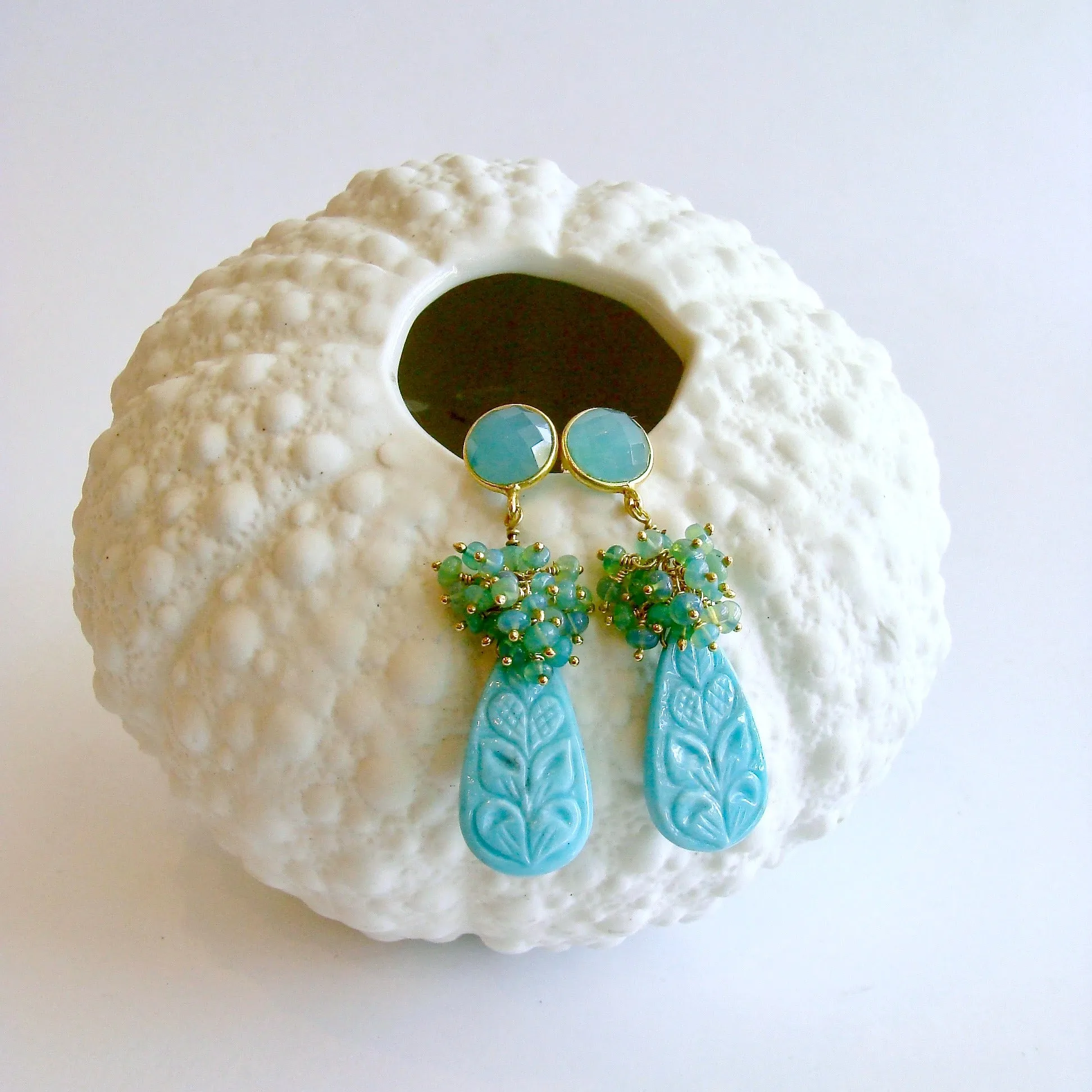 Carved Turquoise Aqua Blue Opal Cluster Earrings - Trisha Earrings