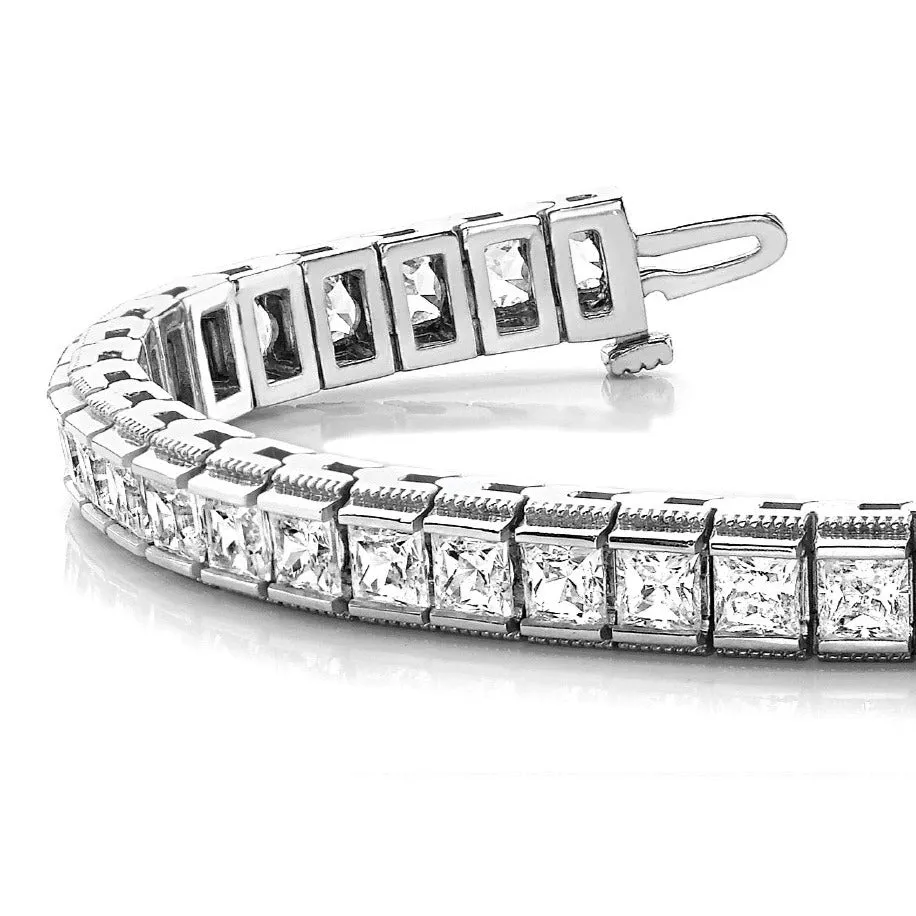 Channel Set 13.0 ctw Princess Cut Diamond Tennis Bracelet Milgrain Edges