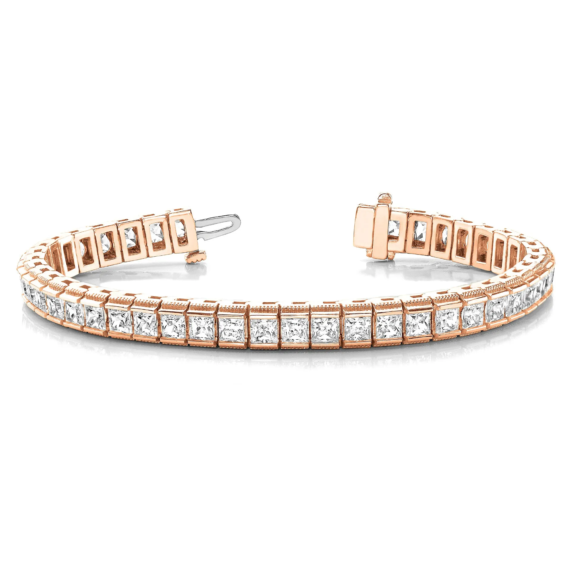 Channel Set 13.0 ctw Princess Cut Diamond Tennis Bracelet Milgrain Edges