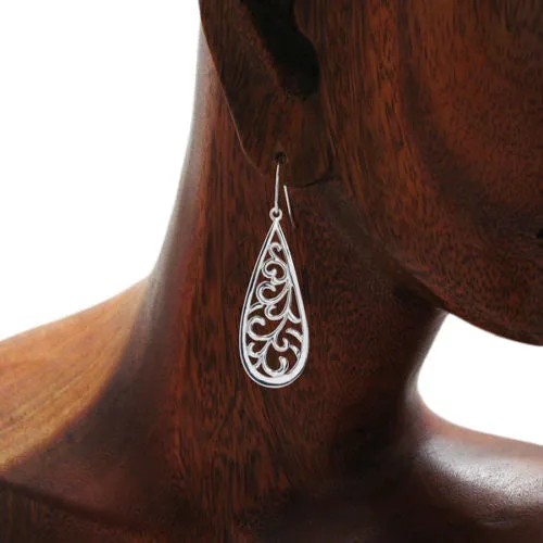 Charming Sterling Silver Fern Frond Filigree Teardrop Hanging Earrings.