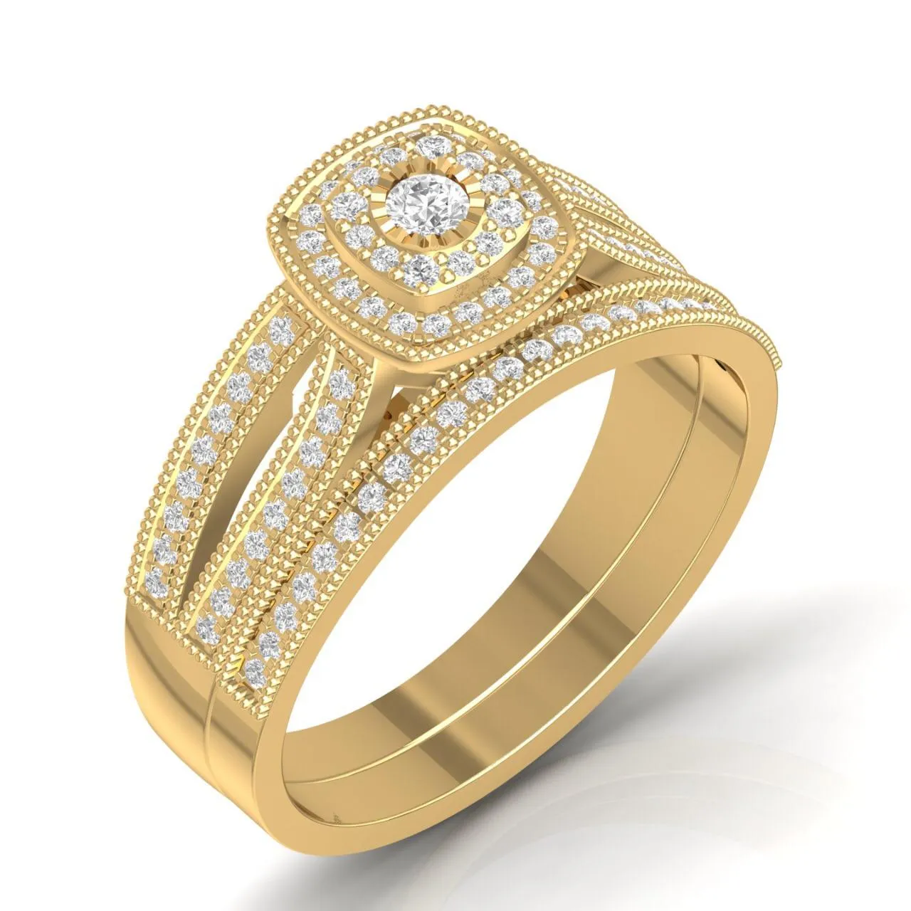 Cherry Cushion Cut Natural Diamond  Cluster Bride Set in 18K Gold
