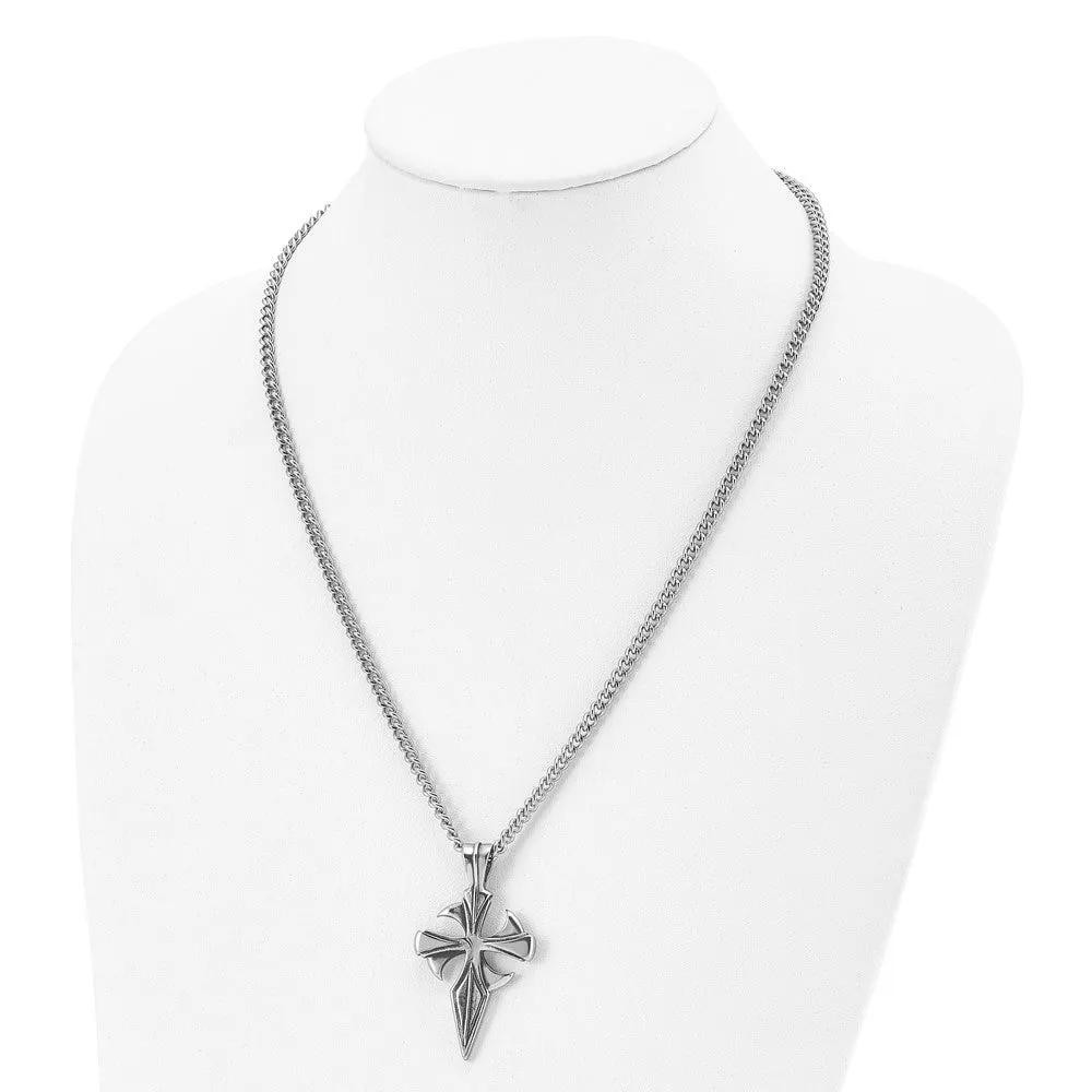 Chisel Stainless Steel Antiqued and Polished Dagger Cross Pendant on a 22 inch Curb Chain Necklace