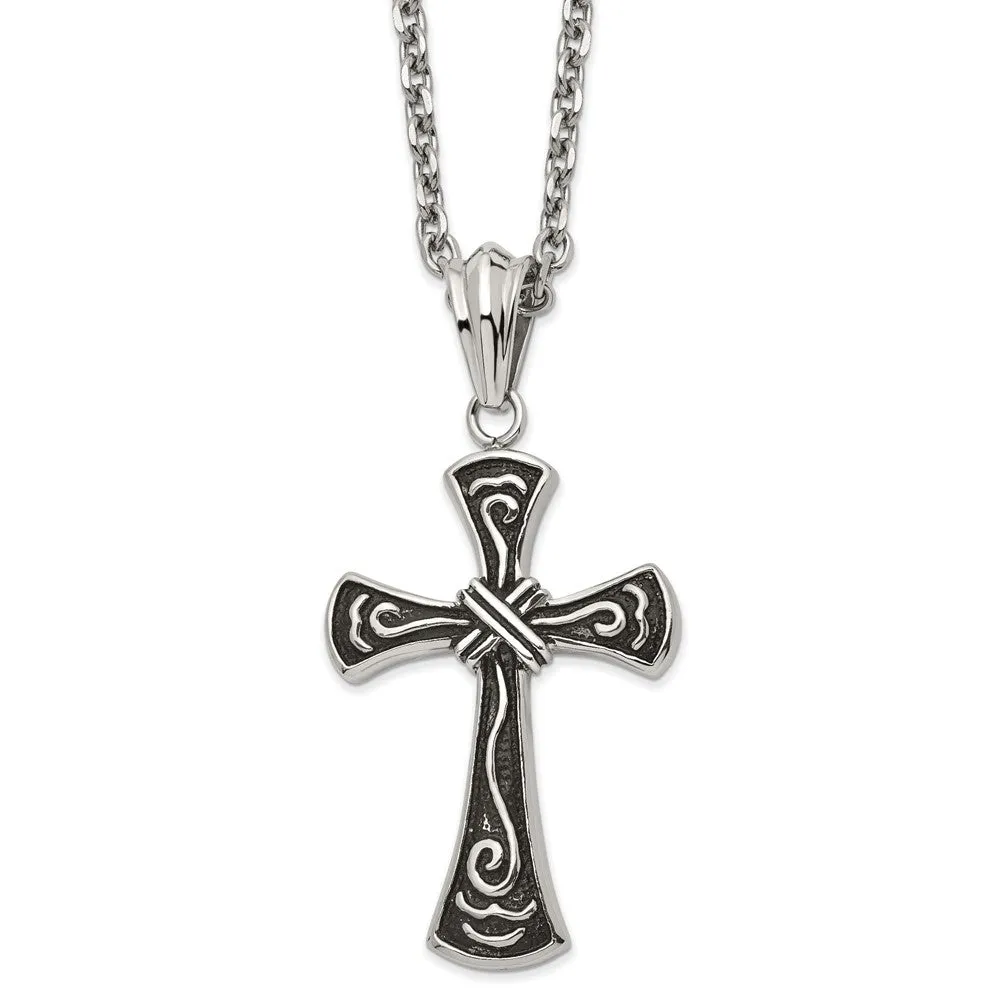 Chisel Stainless Steel Antiqued and Polished Swirl Design Cross Pendant on a 24 inch Cable Chain Necklace