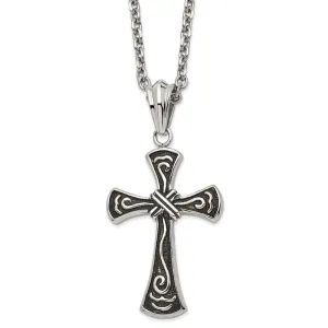 Chisel Stainless Steel Antiqued and Polished Swirl Design Cross Pendant on a 24 inch Cable Chain Necklace