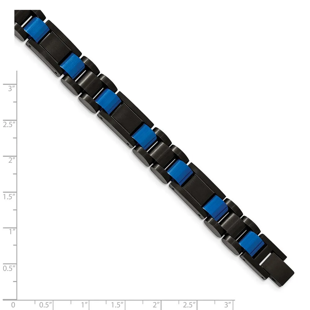 Chisel Stainless Steel Brushed and Polished Black and Blue IP-plated 8.75 inch Link Bracelet