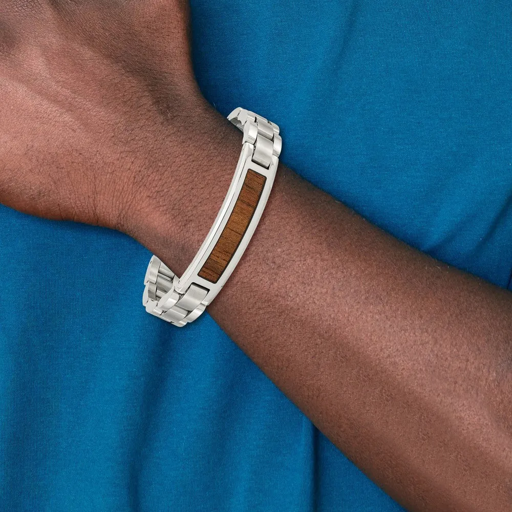 Chisel Stainless Steel Brushed and Polished Enameled with Koa Wood Inlay 8.5in Link ID Bracelet