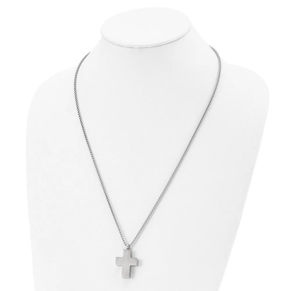 Chisel Stainless Steel Brushed and Polished Reversible Cross Ash Holder on a 24 inch Box Chain Necklace
