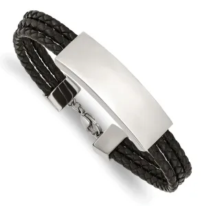 Chisel Stainless Steel Polished Black Woven Leather Multi Strand 8 inch ID Bracelet