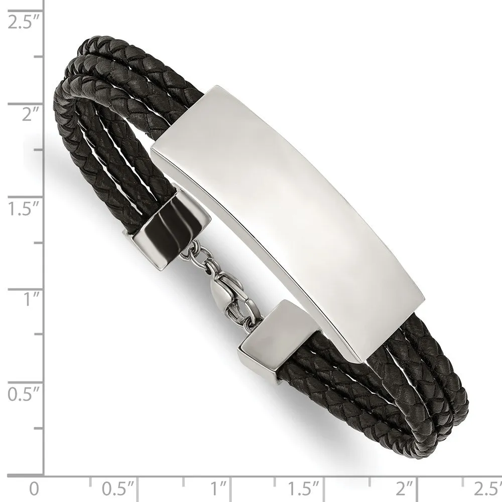 Chisel Stainless Steel Polished Black Woven Leather Multi Strand 8 inch ID Bracelet
