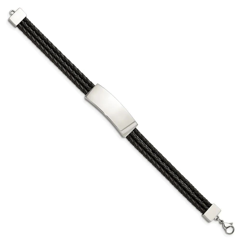 Chisel Stainless Steel Polished Black Woven Leather Multi Strand 8 inch ID Bracelet