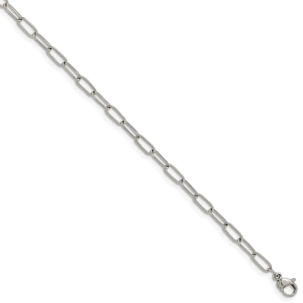 Chisel Stainless Steel Polished Elongated Open Link Paperclip 6.5 inch Braclete with 1.25 inch Extension