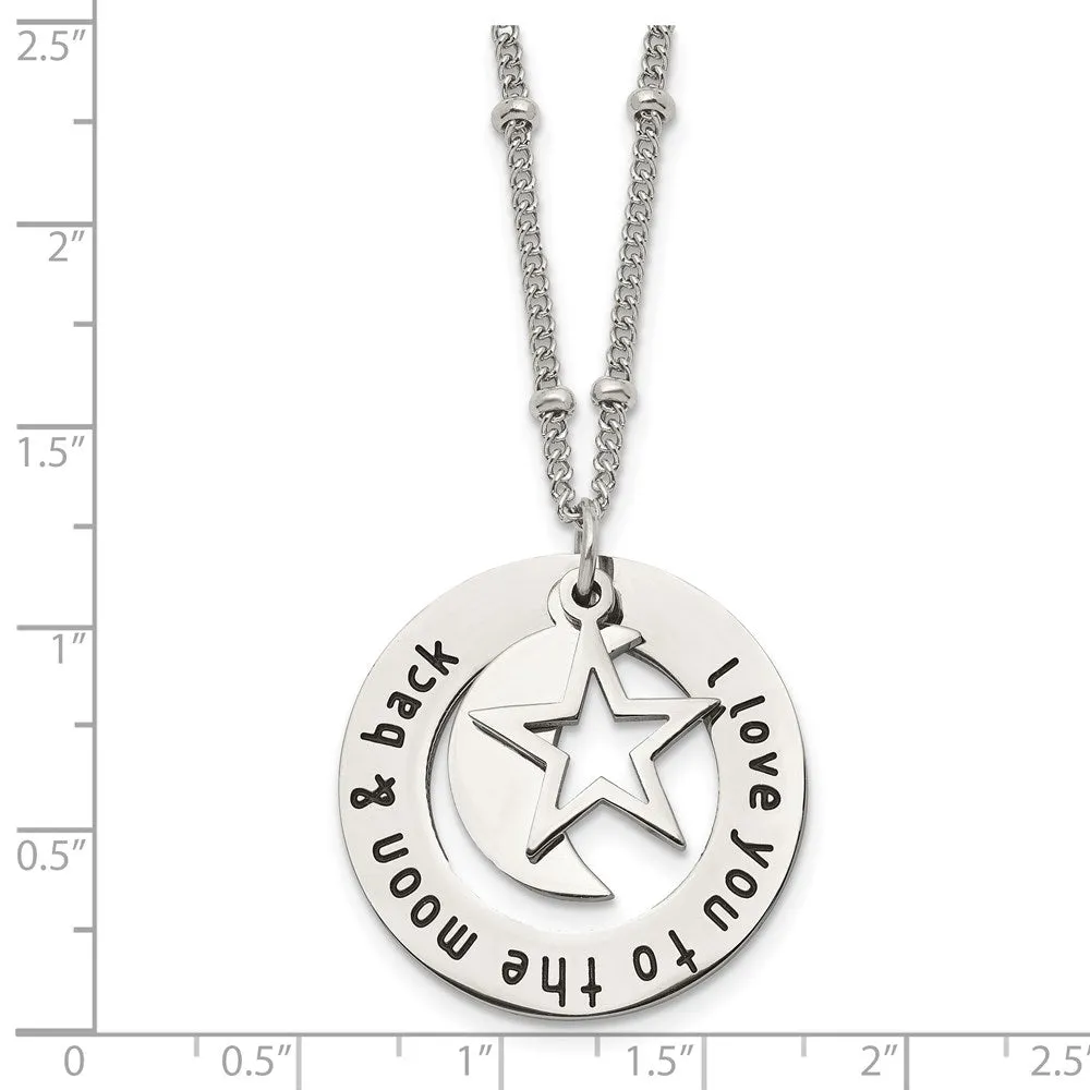 Chisel Stainless Steel Polished Enameled I LOVE YOU TO THE MOON & BACK with Moon and Star Pendant on a 20in Beaded Chain Necklace