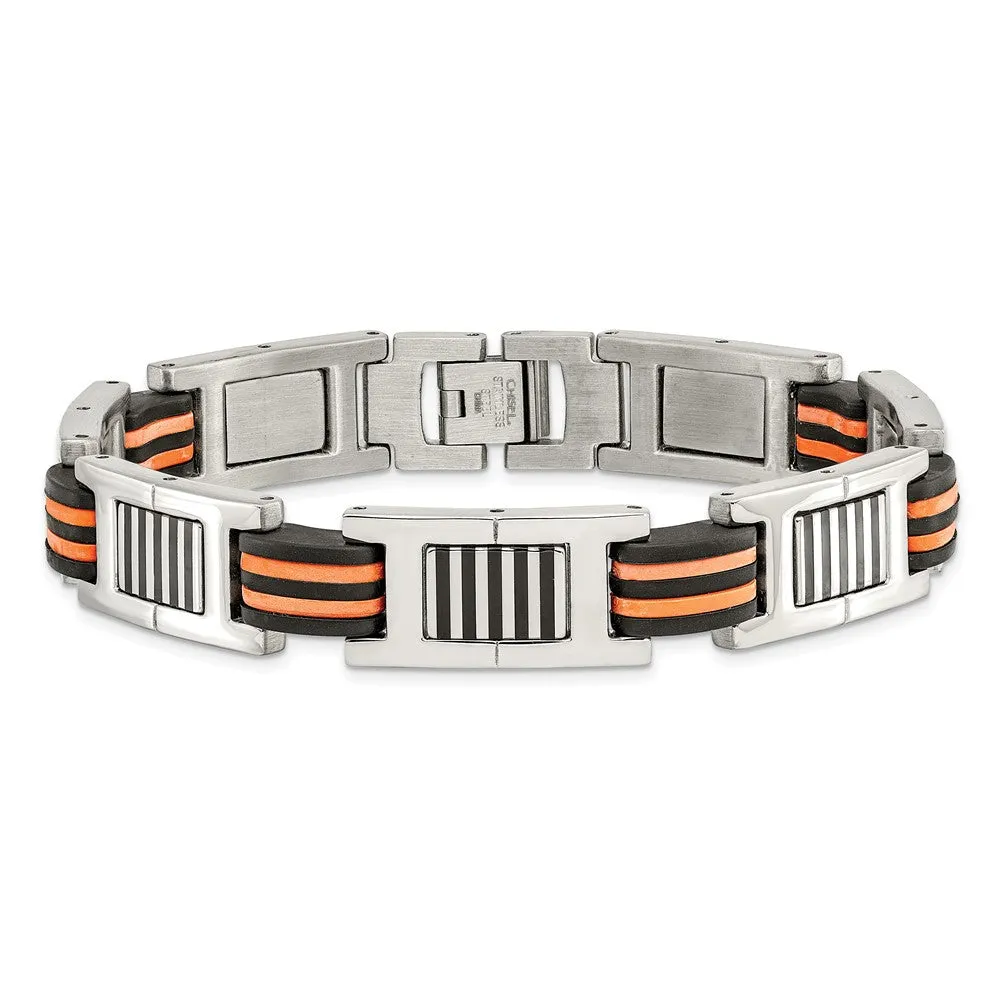 Chisel Stainless Steel Polished with Black and Orange Rubber 8.5 inch Link Bracelet