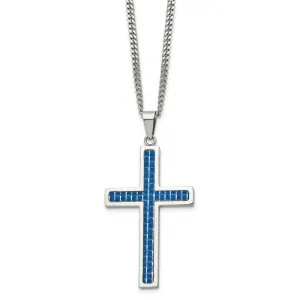 Chisel Stainless Steel Polished with Blue Carbon Fiber Inlay Cross Pendant on a 22 inch Curb Chain Necklace