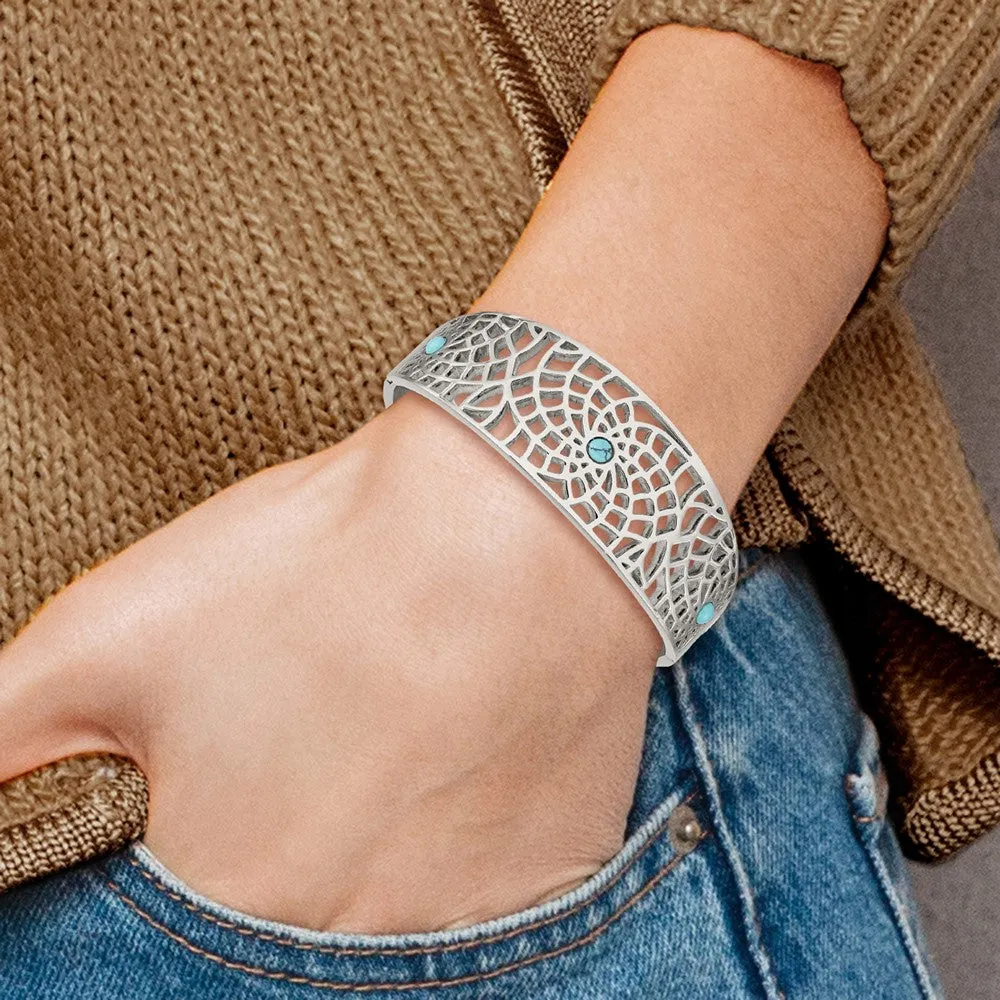 Chisel Stainless Steel Polished with Reconstructed Turquoise Hinged Bangle