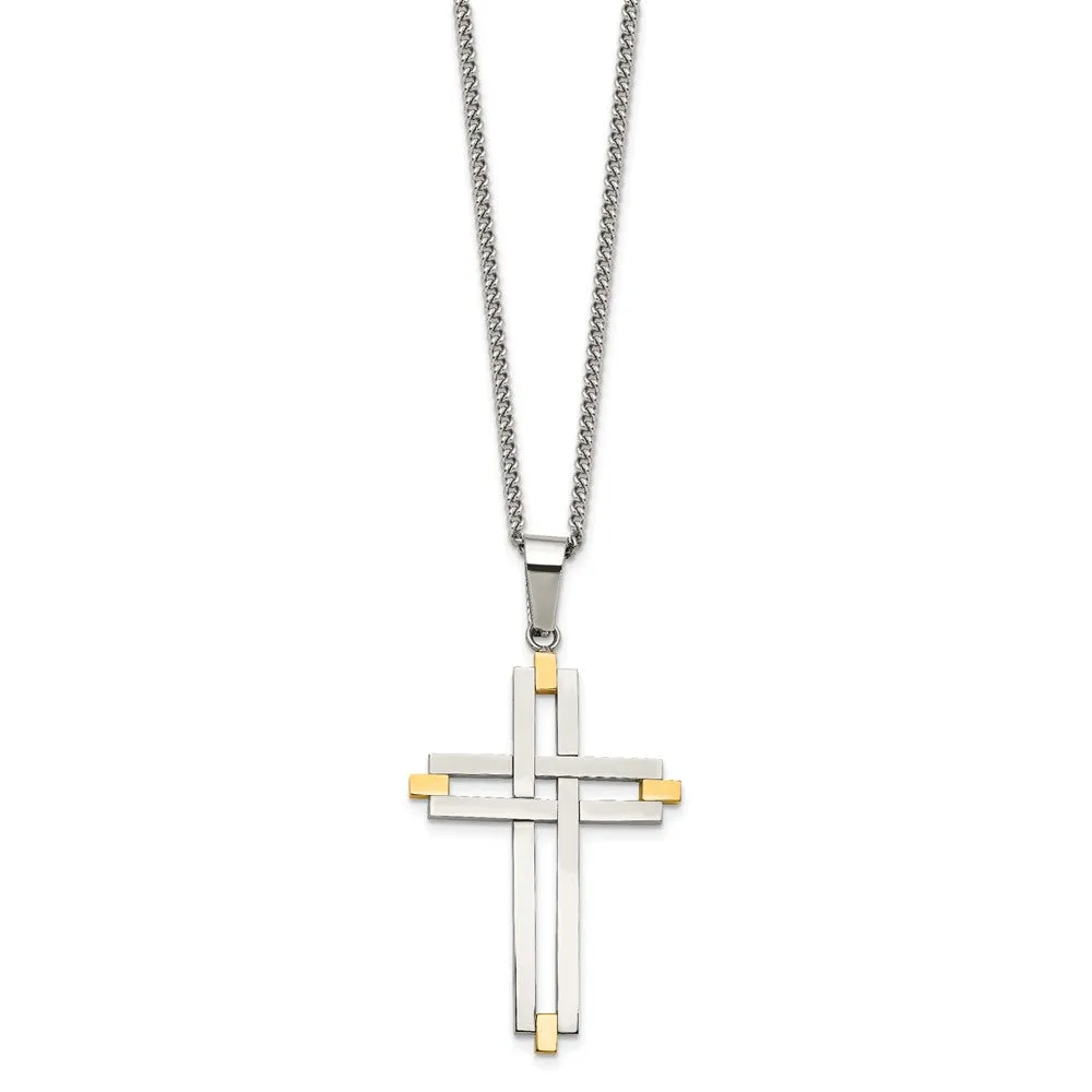 Chisel Stainless Steel Polished Yellow IP-plated Cross Pendant on a 22 inch Curb Chain Necklace