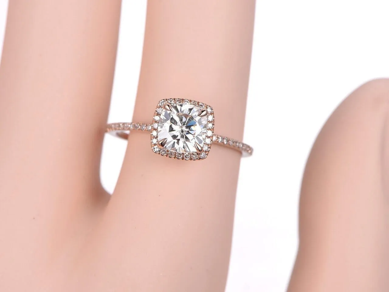 Classic Art Deco Cushion Cut 1.50 Carat Halo Moissanite Diamond Wedding Ring in 10k Rose Gold