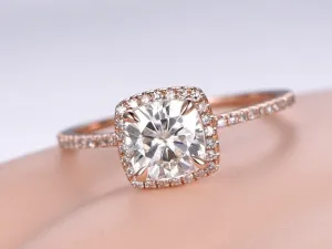 Classic Art Deco Cushion Cut 1.50 Carat Halo Moissanite Diamond Wedding Ring in 10k Rose Gold