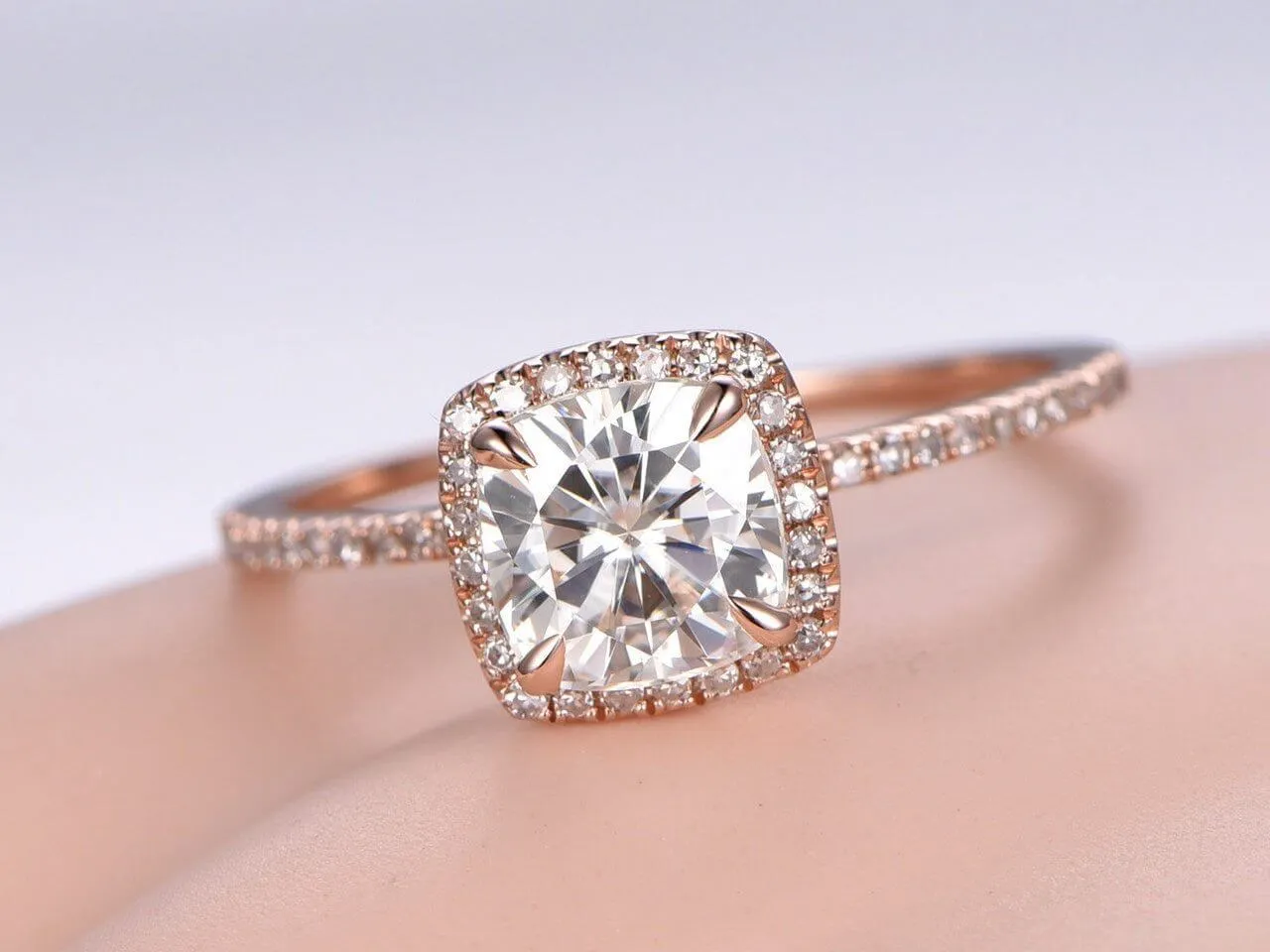 Classic Art Deco Cushion Cut 1.50 Carat Halo Moissanite Diamond Wedding Ring in 10k Rose Gold