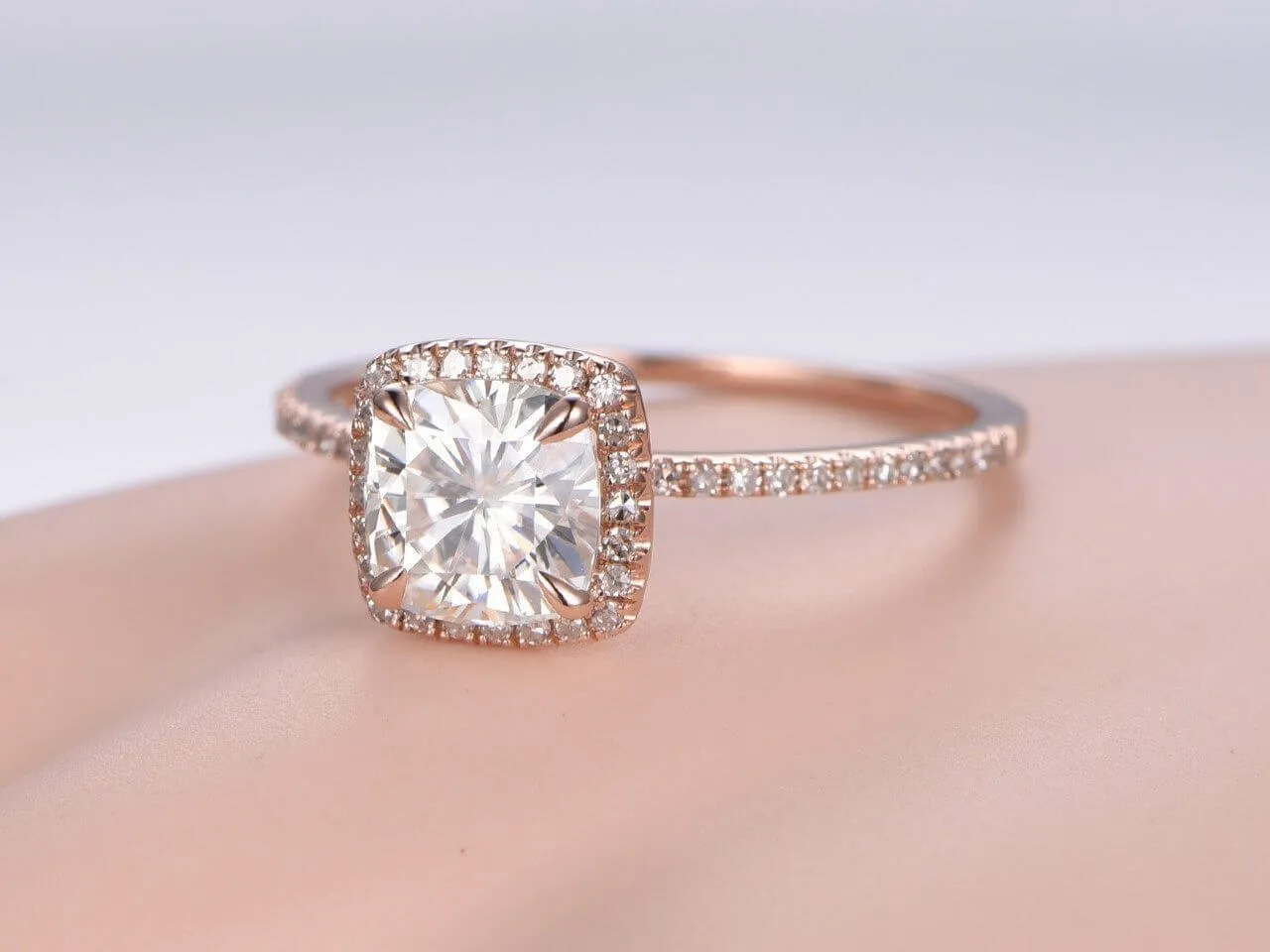 Classic Art Deco Cushion Cut 1.50 Carat Halo Moissanite Diamond Wedding Ring in 10k Rose Gold