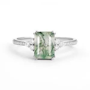 Classic Emerald Cut Moss Agate & Moissanite Cluster Engagement Ring