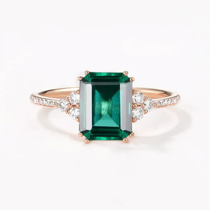 Classic Emerald Cut Moss Agate & Moissanite Cluster Engagement Ring