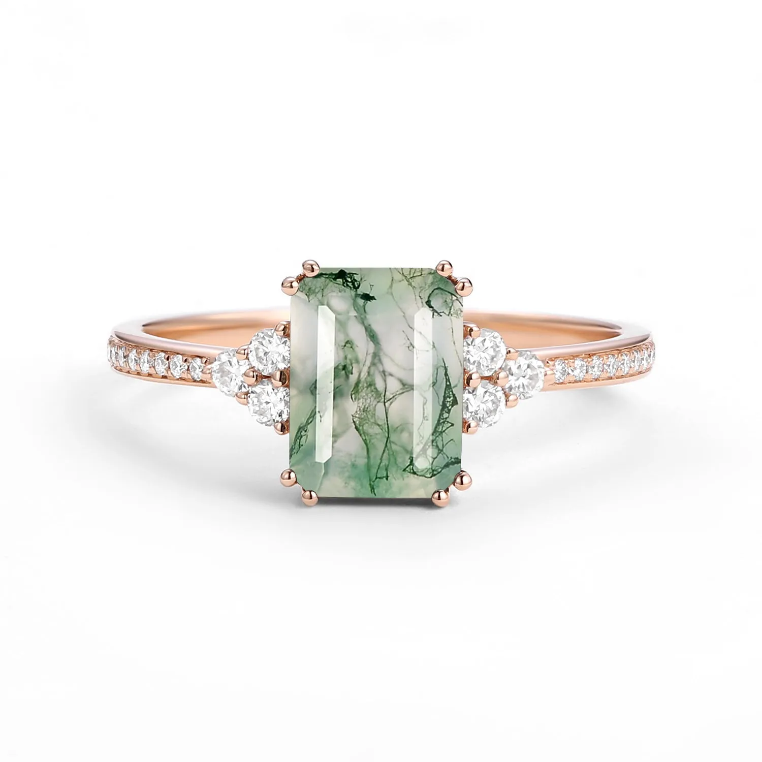 Classic Emerald Cut Moss Agate & Moissanite Cluster Engagement Ring