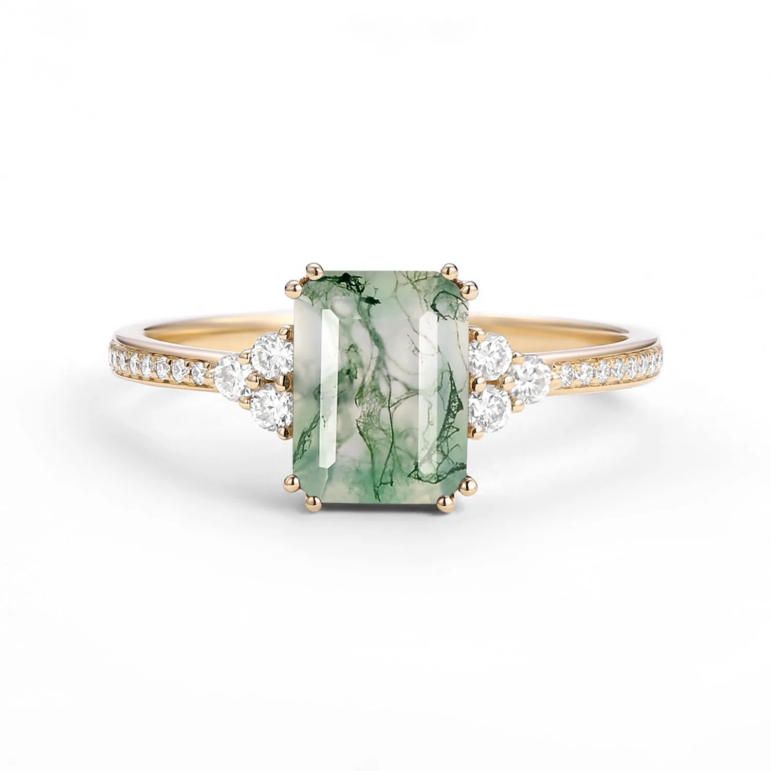 Classic Emerald Cut Moss Agate & Moissanite Cluster Engagement Ring