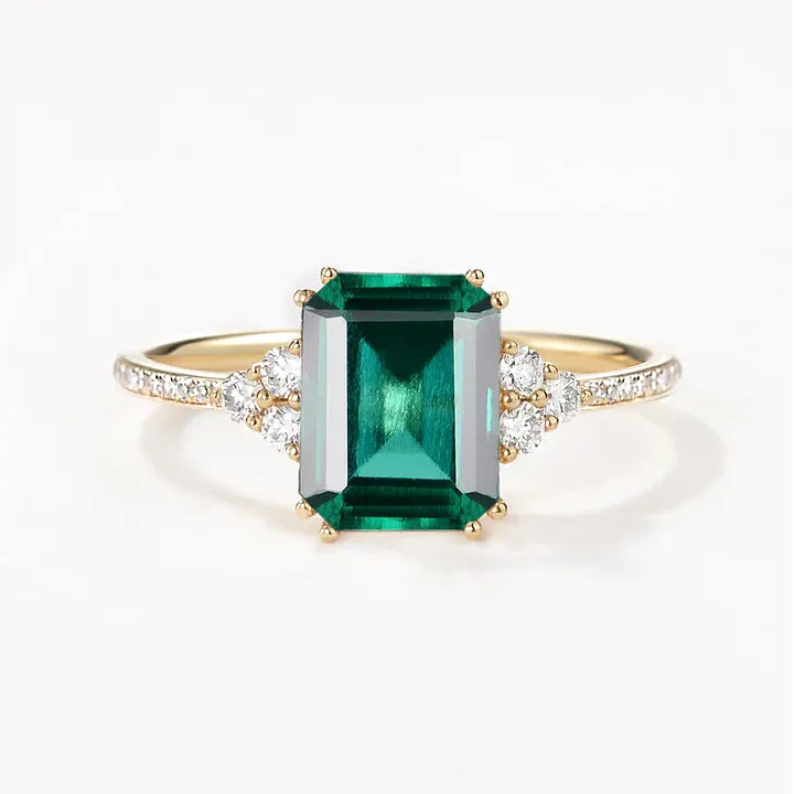 Classic Emerald Cut Moss Agate & Moissanite Cluster Engagement Ring