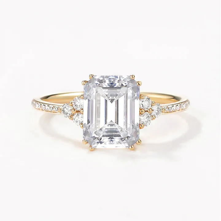 Classic Emerald Cut Moss Agate & Moissanite Cluster Engagement Ring