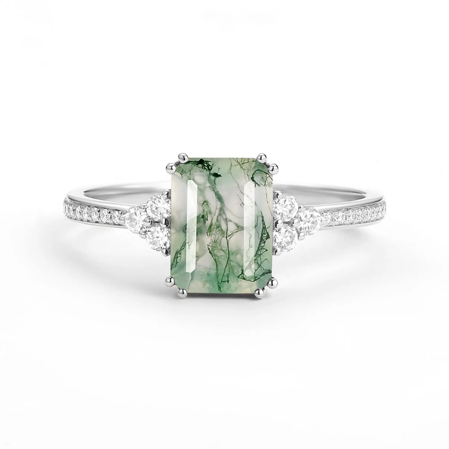Classic Emerald Cut Moss Agate & Moissanite Cluster Engagement Ring