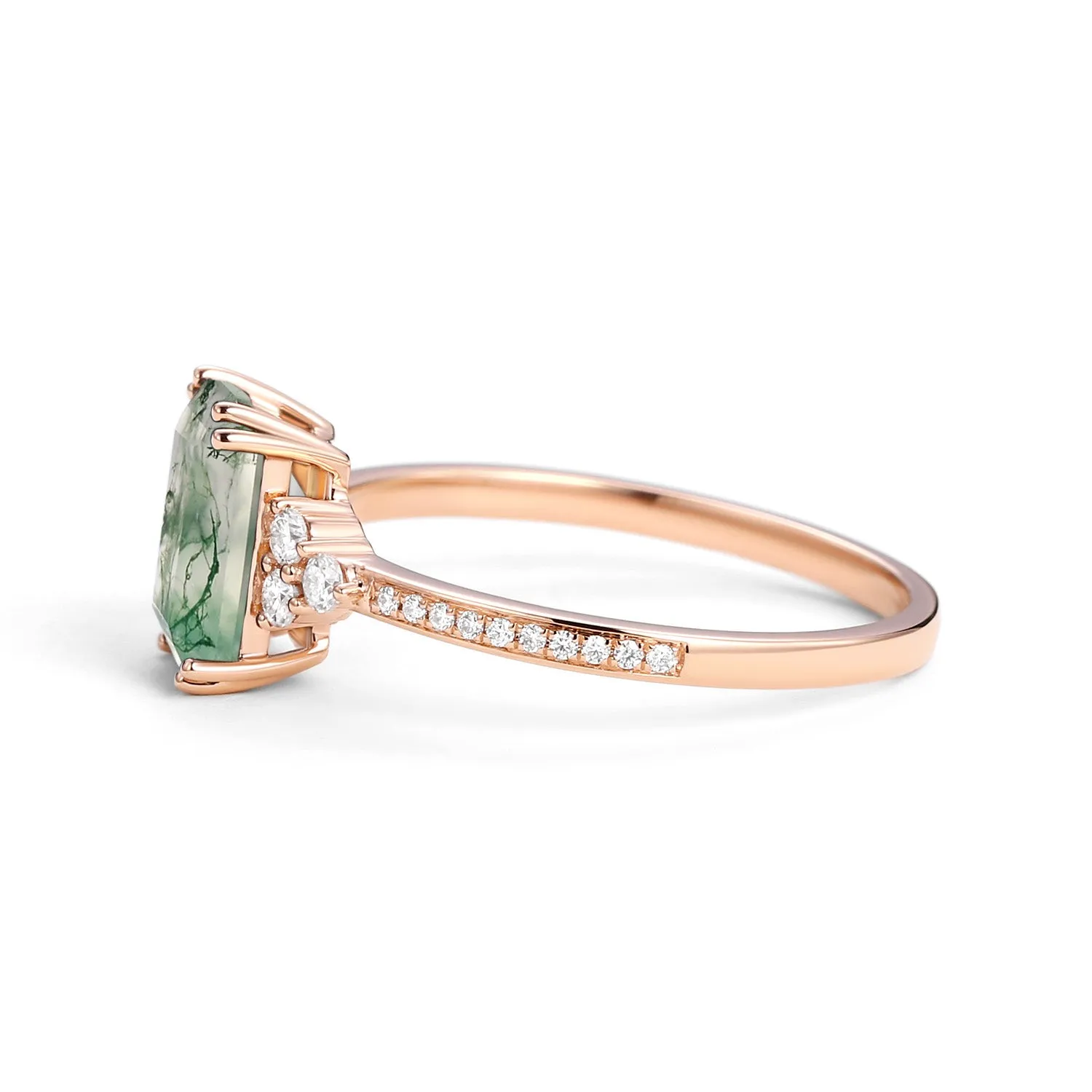 Classic Emerald Cut Moss Agate & Moissanite Cluster Engagement Ring