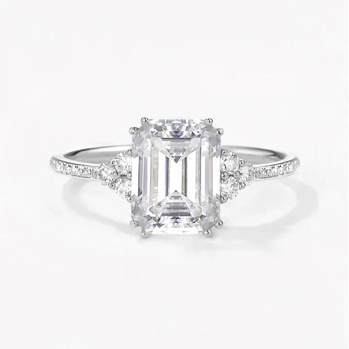 Classic Emerald Cut Moss Agate & Moissanite Cluster Engagement Ring