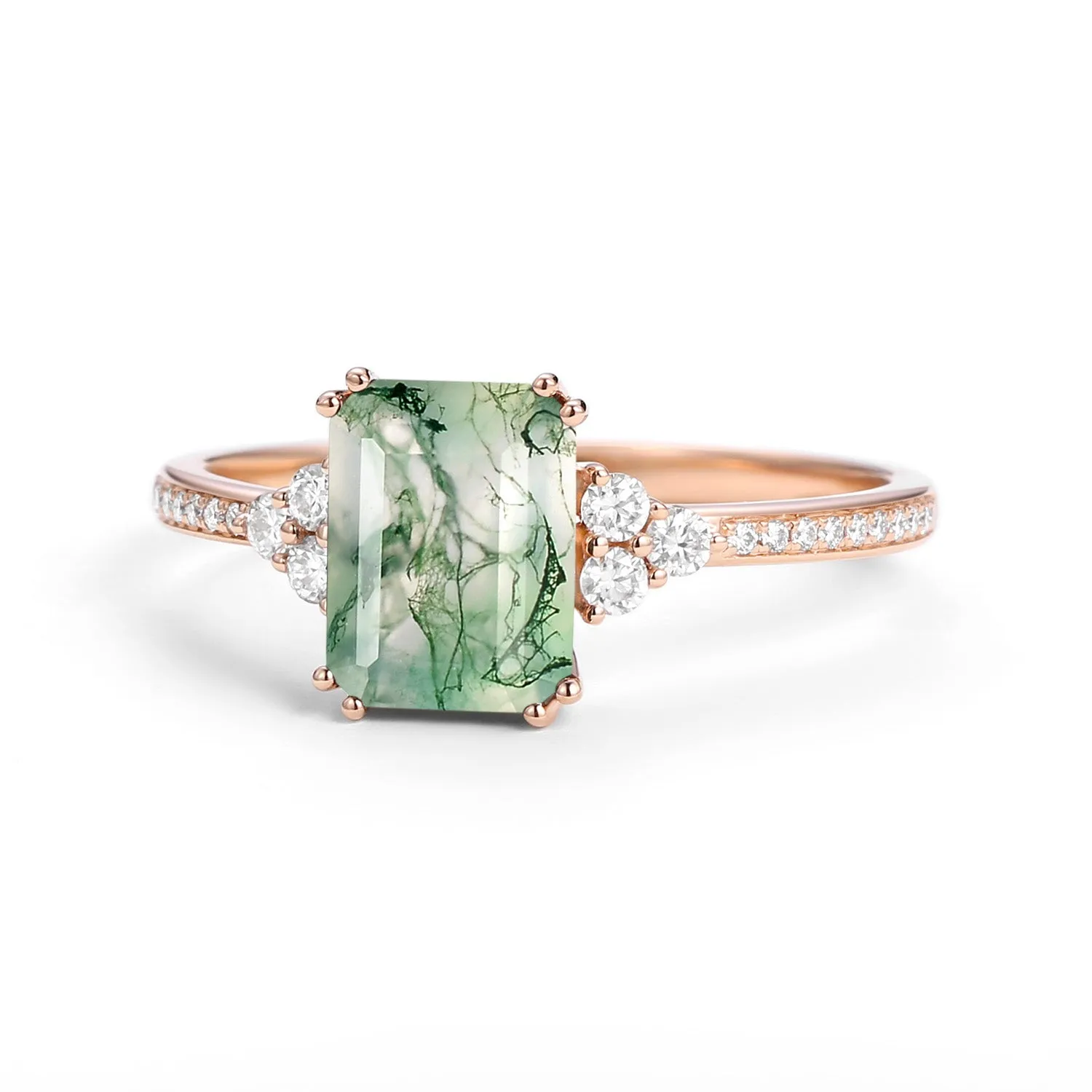 Classic Emerald Cut Moss Agate & Moissanite Cluster Engagement Ring
