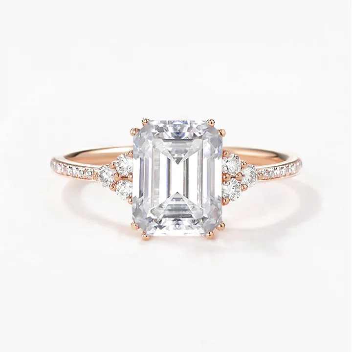 Classic Emerald Cut Moss Agate & Moissanite Cluster Engagement Ring