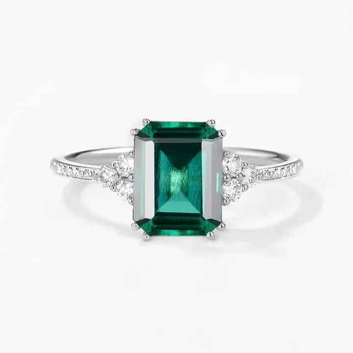 Classic Emerald Cut Moss Agate & Moissanite Cluster Engagement Ring