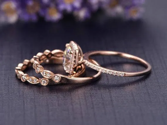 Classic Halo 2 Carat Cushion Moissanite Diamond Engagement Trio Wedding Set in 10k Rose Gold