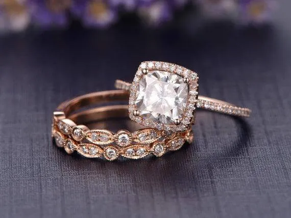 Classic Halo 2 Carat Cushion Moissanite Diamond Engagement Trio Wedding Set in 10k Rose Gold